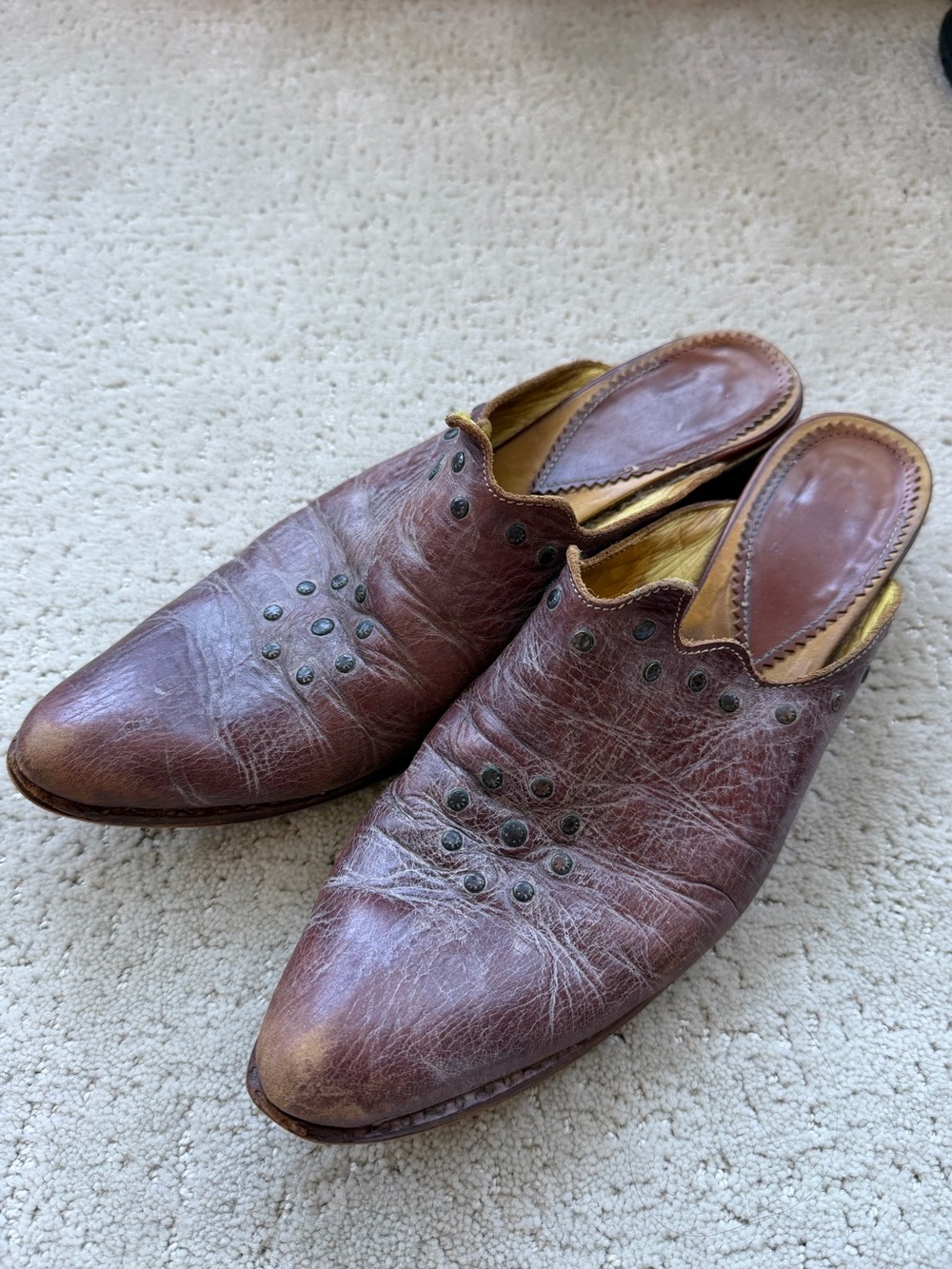 Moma Brown Leather Studded Slip-On Mules